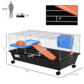 Small Animal Cage With Food Dish, Water Bottle, Hay Feeder, Platform, Ramp For Chinchilla, Black