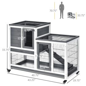 Wooden Rabbit Hutch Elevated Bunny Cage Indoor Small Animal Habitat With Enclosed Run With Wheels, Ramp, Removable Tray For Rabbits, Chickens, Ducks,