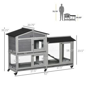 Wooden Mobile Rabbit Hutch With Wheels, Run Box, Slide-out Tray, Ramp