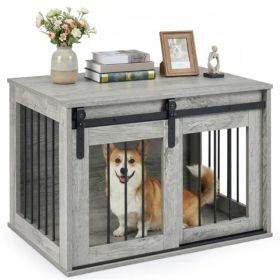 31.5" Dog Crate Furniture With Sliding Barn Door, Wooden Dog Kennel End Table For Indoor Use - Gray