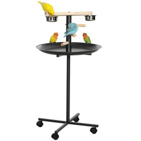 Portable Bird Play Stand, Parrot Perch Bird Feeder Station with Wheels, Stainless Steel Feeding Bowls, Tray, Gray