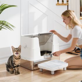 XL Stainless Steel Litter Box w/ 100Â° Flip Top, Scoop, Step, Top & Side Entry Enclosed Litter Box for Big Cats