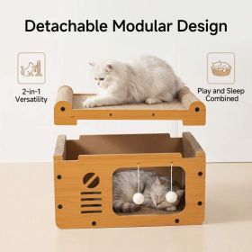 Multi-Style Double-Layer Cat Scratcher House, 2-Tier Large Cat Villa Bed With Corrugated Cardboard, Interactive Hanging Balls & Ergonomic Neck Suppor (Option: MD TV)