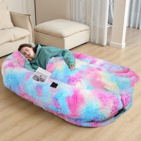 Oversized Human Dog Bed For Adults & Pets, 71 In X45 In X 12 In Ultra Soft Faux Fur Lounger, Washable Floor Bed With Orthopedic Support, Pillow & Bla (Option: Rainbow)