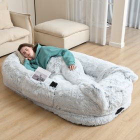 Oversized Human Dog Bed For Adults & Pets, 71 In X45 In X 12 In Ultra Soft Faux Fur Lounger, Washable Floor Bed With Orthopedic Support, Pillow & Bla (Option: Grey)