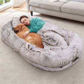 Oversized Human Dog Bed For Adults & Pets, 71 In X45 In X 12 In Ultra Soft Faux Fur Lounger, Washable Floor Bed With Orthopedic Support, Pillow & Bla (Option: RustWhite)
