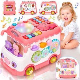 Baby Activity Bus Toy Set 6-in-1 Multifunctional Musical Learning Bus Includes Mini Car & Building Blocks Early Educational Toy For Toddlers Ages 1-3 (Option: Pink)
