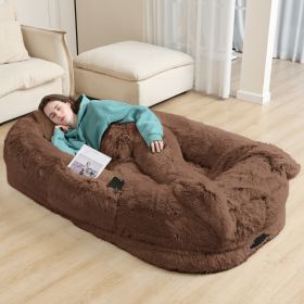 Oversized Human Dog Bed For Adults & Pets, 71 In X45 In X 12 In Ultra Soft Faux Fur Lounger, Washable Floor Bed With Orthopedic Support, Pillow & Bla (Option: Coffee)