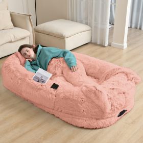 Oversized Human Dog Bed For Adults & Pets, 71 In X45 In X 12 In Ultra Soft Faux Fur Lounger, Washable Floor Bed With Orthopedic Support, Pillow & Bla (Option: Pink)