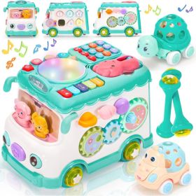 Baby Activity Bus Toy Set 6-in-1 Multifunctional Musical Learning Bus Includes Mini Car & Building Blocks Early Educational Toy For Toddlers Ages 1-3 (Option: Green)