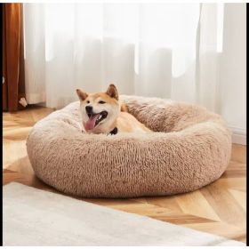 Anti Anxiety Calming Pet Bed Washable Plush Donut Dog Bed (Option: Tea brown)