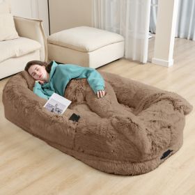 Oversized Human Dog Bed For Adults & Pets, 71 In X45 In X 12 In Ultra Soft Faux Fur Lounger, Washable Floor Bed With Orthopedic Support, Pillow & Bla (Option: Khaki)
