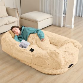Oversized Human Dog Bed For Adults & Pets, 71 In X45 In X 12 In Ultra Soft Faux Fur Lounger, Washable Floor Bed With Orthopedic Support, Pillow & Bla (Option: Beige)