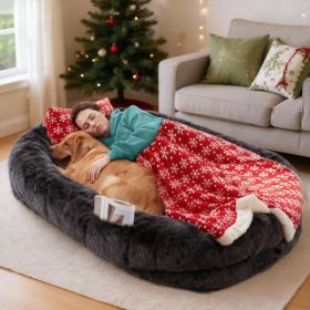 Oversized Human Dog Bed For Adults & Pets, 71 In X45 In X 12 In Ultra Soft Faux Fur Lounger, Washable Floor Bed With Orthopedic Support, Pillow & Bla (Option: DarkGrey Christmas)
